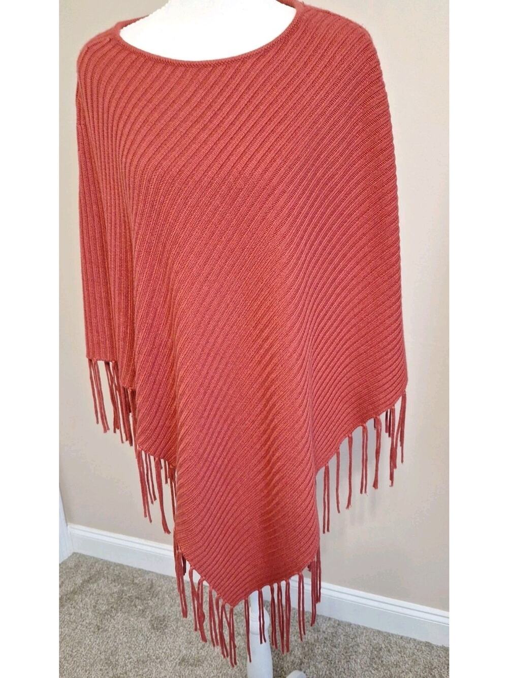 Chicos Pull On Triangle Shape Poncho Shawl Tassel Sweater Rust Color OS